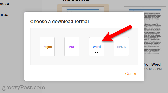 Kliknite na položku Word v dialógovom okne Choose a download format in Pages on iCloud