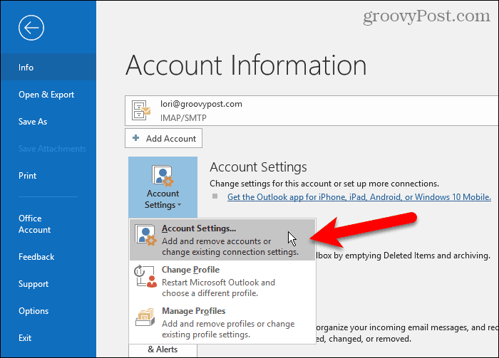 V programe Outlook vyberte položku Nastavenia účtu