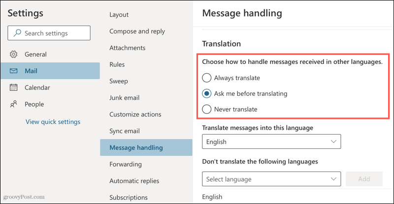 Nastavenia prekladu v Outlooku online