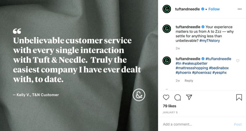 grafika ponuky zákazníkov z účtu Instagramu v službe Tuft a Needle