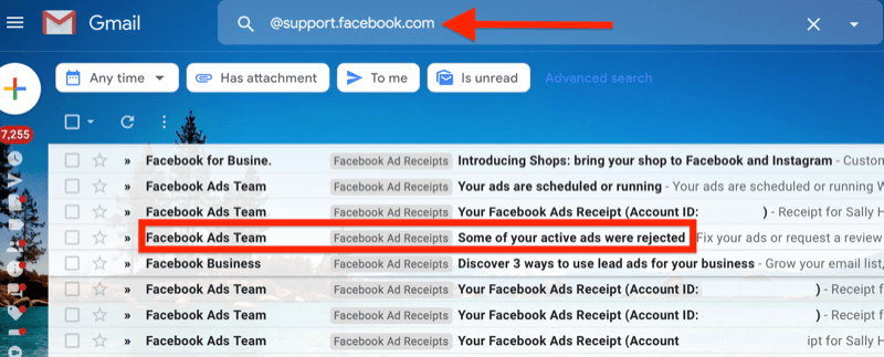 príklad filtra v Gmaile pre @ support.facebook.com na izoláciu všetkých e-mailových upozornení na facebookové reklamy