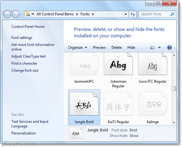 výhľad na ovládací panel písiem systému Windows 7