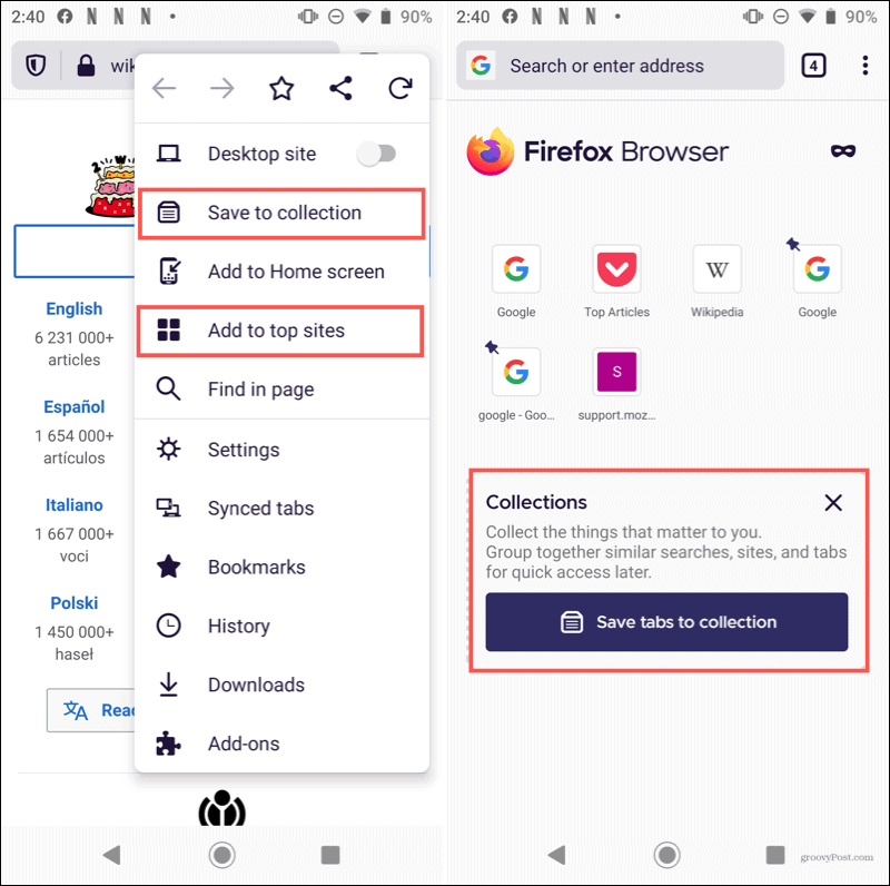 Domovská stránka prehliadača Firefox v systéme Android