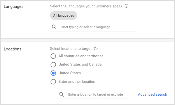 Nastavenia jazykov a umiestnení pre kampaň Google AdWords.