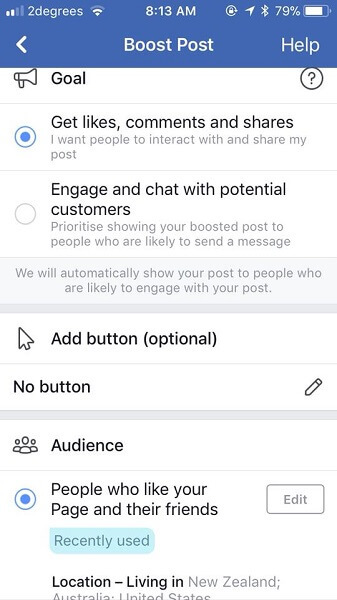 Facebook sa teraz pýta, aké sú ciele marketingových pracovníkov, keď posilnia príspevok.
