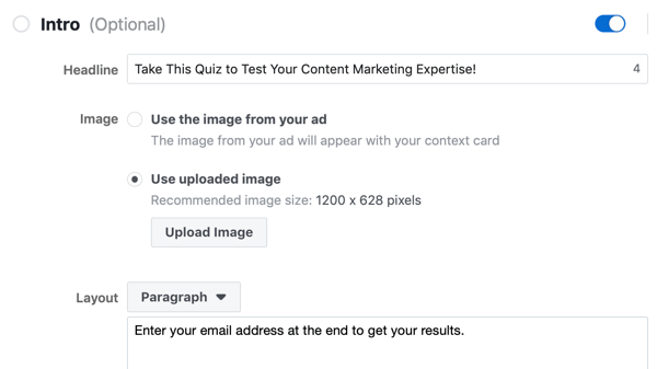 Možnosti nadpisu, obrázka a rozloženia pre reklamnú kampaň s potenciálnym zákazníkom na Facebooku.