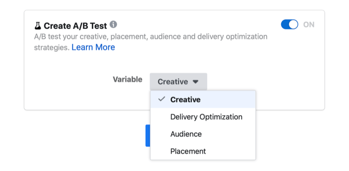 nastavenie testovania facebookovej reklamy a / b zobrazujúce variabilné možnosti kreatívy, optimalizácie zobrazovania, publika a umiestnenia