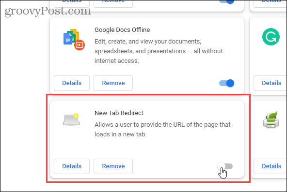 Zakážte rozšírenie New Tab Redirect v prehliadači Chrome