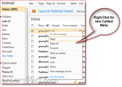 Kontextová ponuka služby Hotmail New pravým tlačidlom myši