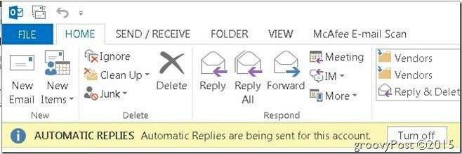 Automatické odpovede programu Outlook vpravo hore