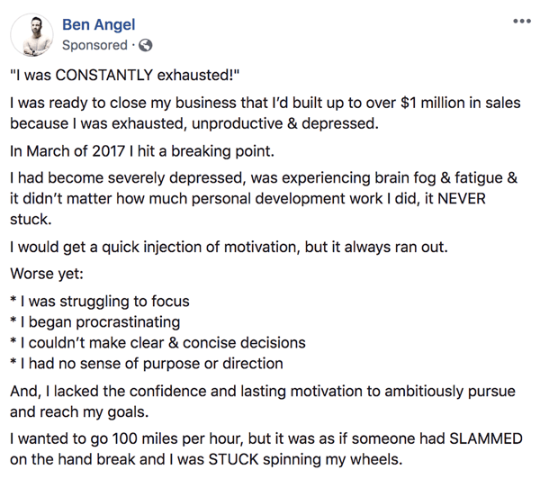 Ako písať a štruktúrovať dlhšie textové príspevky sponzorované spoločnosťou Facebook v dlhšej forme, krok 1, príklady backstory Ben Ben Angel