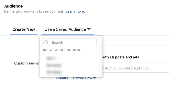 Možnosť použiť uložené publikum pre vedúcu reklamnú kampaň na Facebooku.