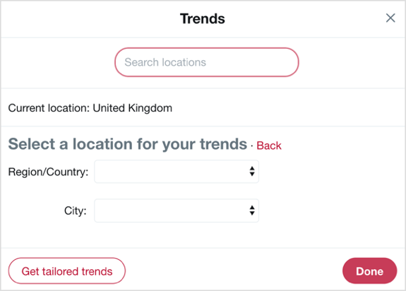 Podľa trendov na Twitteri vyberte krajinu a mesto, na ktoré sa chcete zamerať.