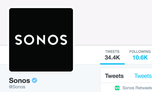 Účet Sonos na Twitteri je overený a zobrazuje sa modrý odznak overeného na Twitteri.