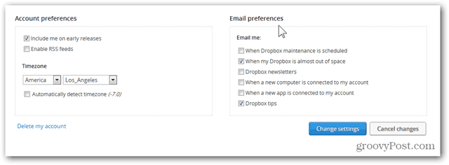 dropbox konfigurovať predvoľby e-mailu