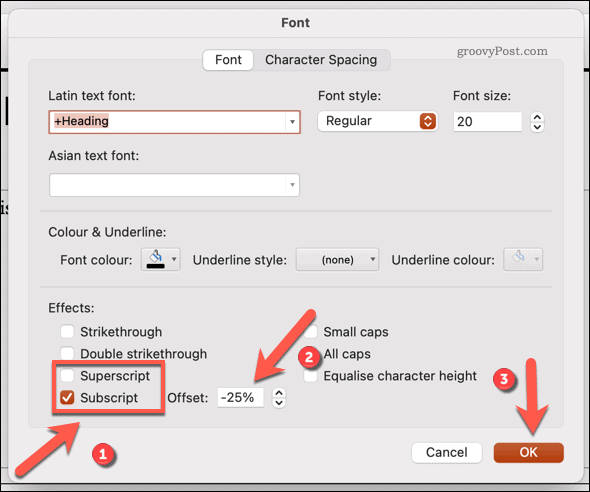 Zmena písma na dolný alebo horný index v Powerpointe pre Mac