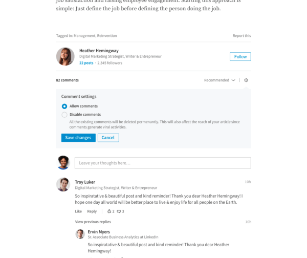 LinkedIn zaviedol pre vydavateľov možnosť priamo spravovať komentáre k ich dlhotrvajúcim článkom.