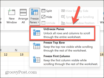 excel unfreeze tabs