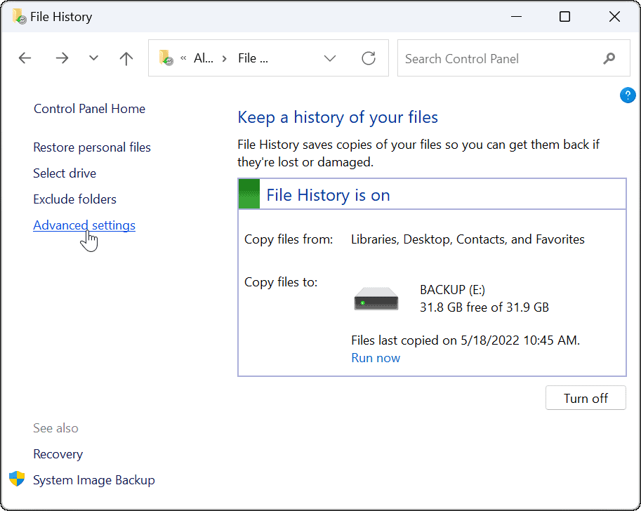 pokročilé používanie histórie súborov v systéme Windows 11