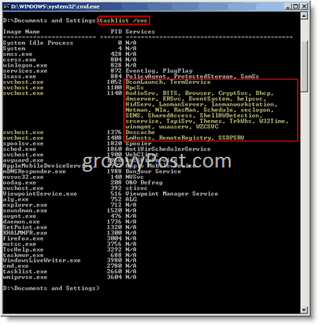 Príkaz Windows Príkaz Windows Prompt svchost.exe tasklist / svc