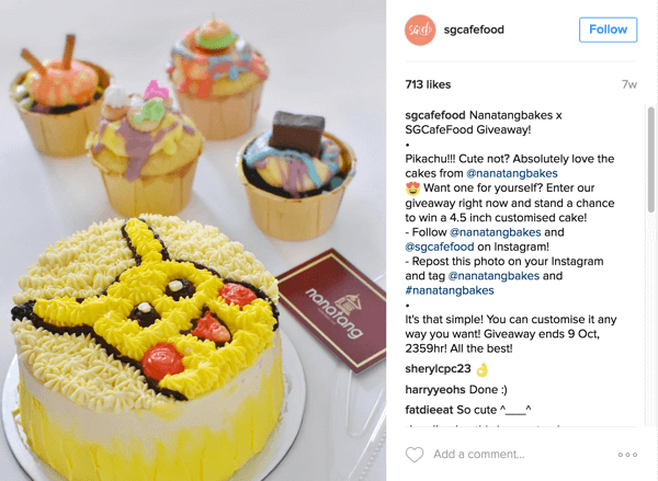Singapurská kaviareň Café Food propagovala darčeky spoločnosti Nanatang Bakes prostredníctvom svojho účtu na Instagrame.