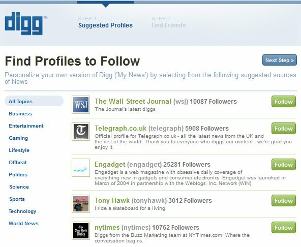 Nové prihlásenie Digg - Krok 1 - Vyhľadanie profilov