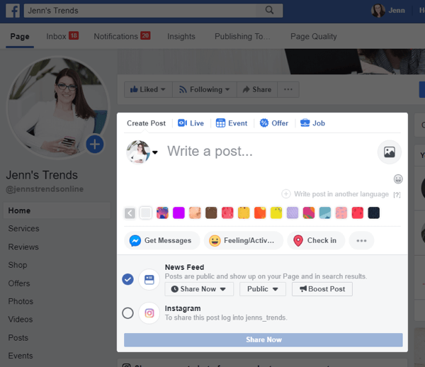 Ako pridávať príspevky do služby Instagram z Facebooku na pracovnej ploche, krok 2, možnosť prispievať do služby Instagram z vášho príspevku v službe Facebook