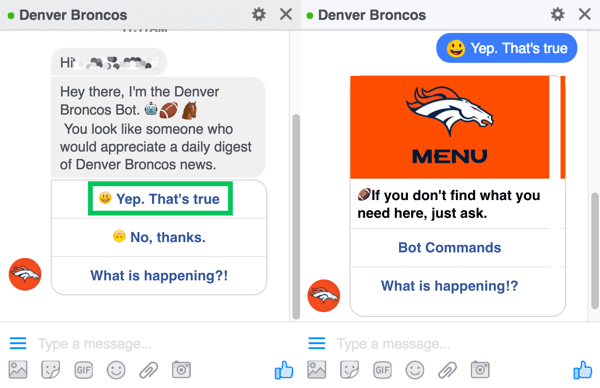 Chatbot Denver Broncos vyzýva používateľov, aby sa prihlásili na svoj denný prehľad.