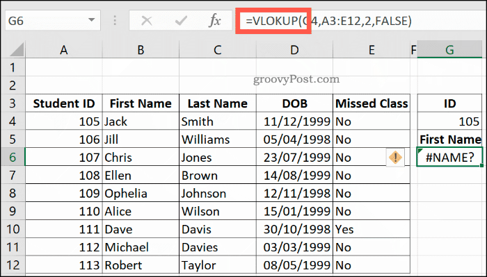 Nesprávny vzorec VLOOKUP v programe Excel, ktorý vracia chybu NAME