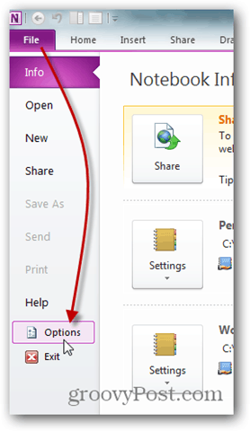 onenote file -> options