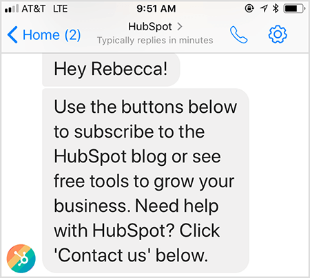 Uvítacia správa chatbotu HubSpot vám umožní kontaktovať človeka.
