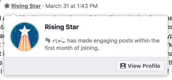 Ako používať funkcie skupín na Facebooku, príklad odznaku skupiny Vychádzajúca hviezda