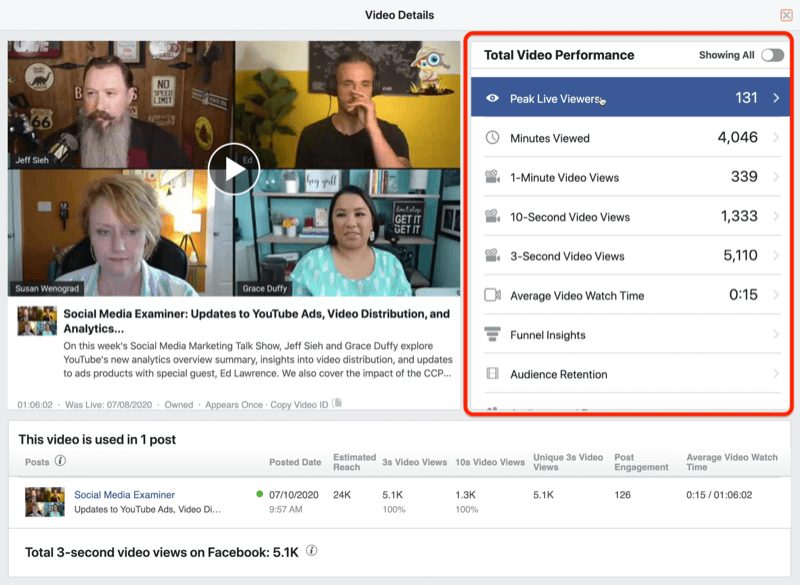 príklad video dát z facebookových štatistík so zvýraznenými celkovými dátami o videu