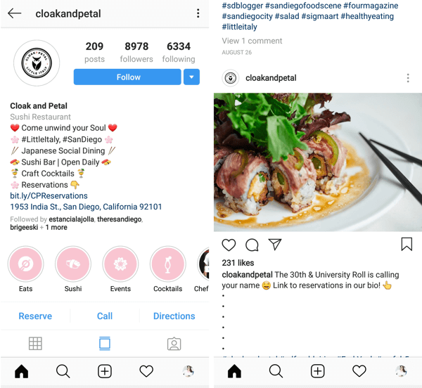 Príspevok na Instagrame s výzvou na akciu pre kliknutie na tlačidlo @cloakandpetal.