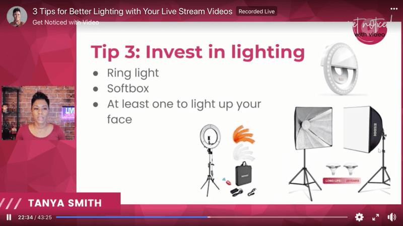 snímka obrazovky s tipmi na osvetlenie videa na vylepšenie vysielania v priamom prenose