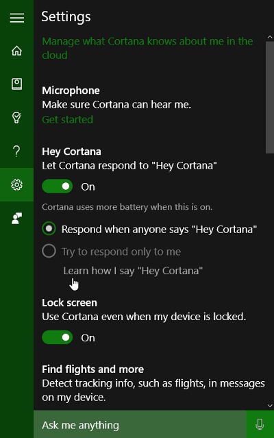 Nastavenia Cortana