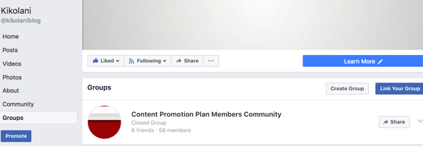 Prepojená skupina sa zobrazí na karte Skupiny na vašej stránke na Facebooku.