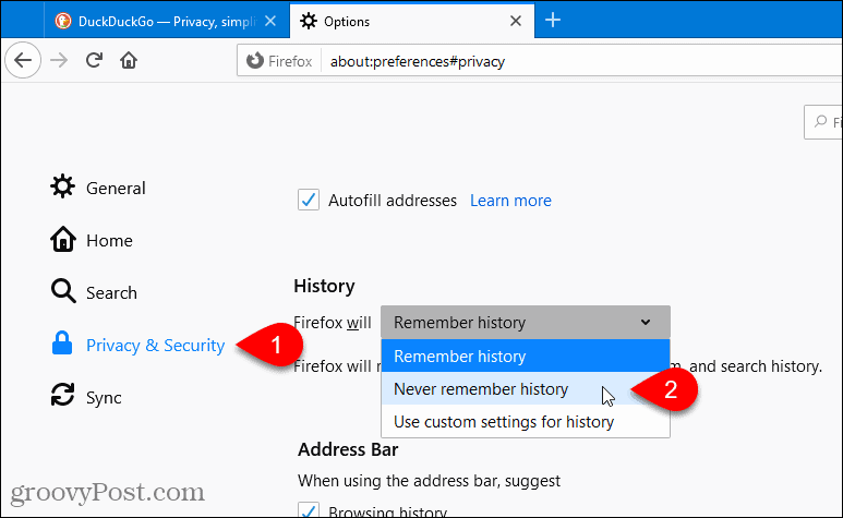 V prehliadači Firefox vyberte Nikdy nepamätať históriu