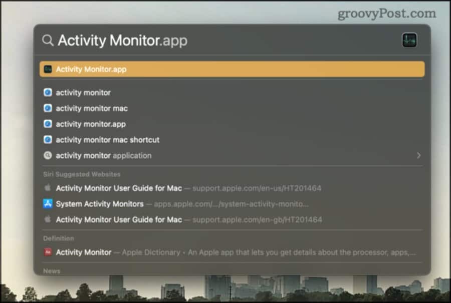 Otvorte Monitor aktivity pomocou vyhľadávania Spotlight