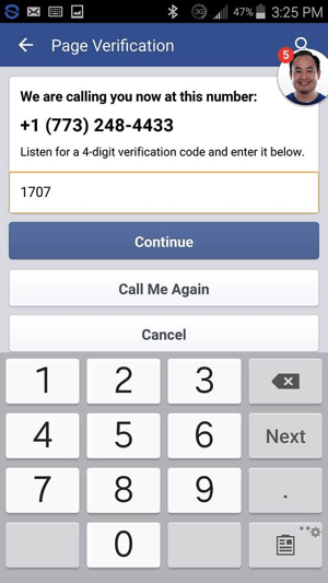 Zadajte verifikačný kód, ktorý ste dostali z Facebooku, a klepnite na Pokračovať.
