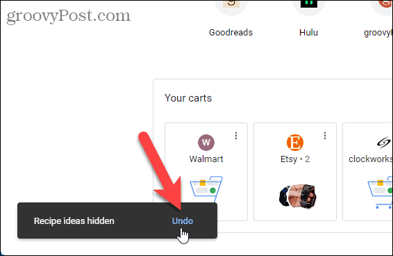 Kliknutím na tlačidlo Späť skryjete nápady na recepty na stránke Nová karta prehliadača Chrome