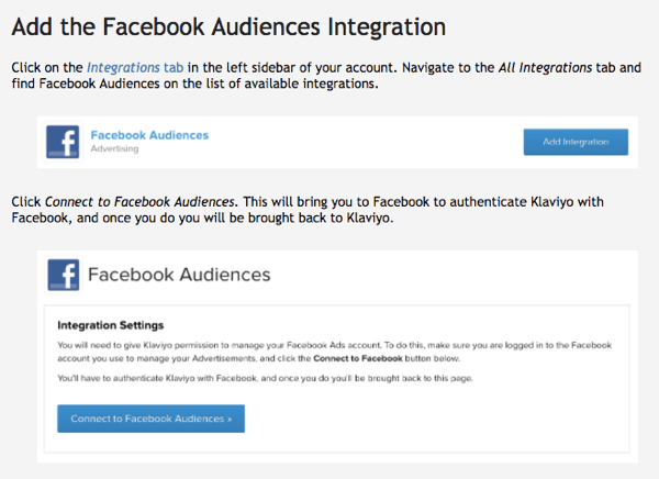 Integrácia spoločnosti Klaviyo s publikom na Facebooku sa ľahko používa.