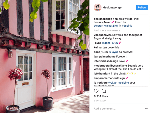 DesignSponge povzbudzuje sledovateľov Instagramu, aby prispievali fotografiami na základe neustále sa meniaceho hashtagu, ktorý definuje tému.