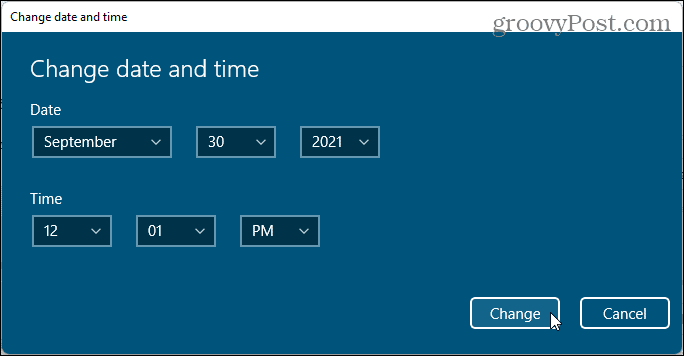 Dialógové okno na zmenu dátumu a času v systéme Windows 11