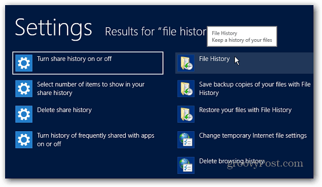 Nastavenia histórie súborov Vyhľadávanie v systéme Windows 8