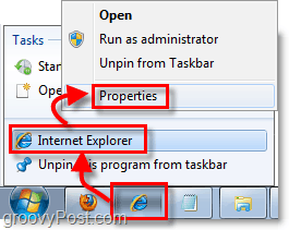 ako sa dostať k vlastnostiam skratky pre klávesové skratky na paneli úloh v systéme Windows 7