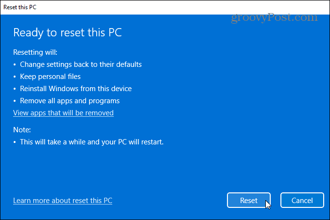 pripravené na resetovanie systému Windows 11 PC