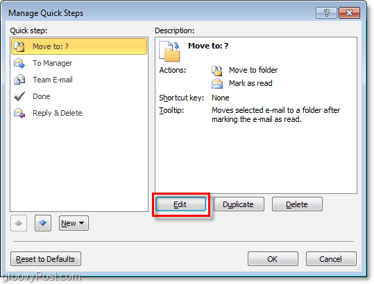 upraviť rýchle kroky v programe Outlook 2010