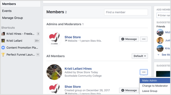 Facebook pridáva profil do skupiny ako správca