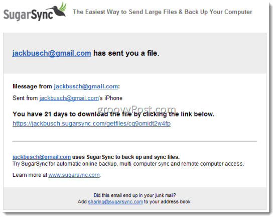 SugarSync Zdieľajte súbory prostredníctvom e-mailu